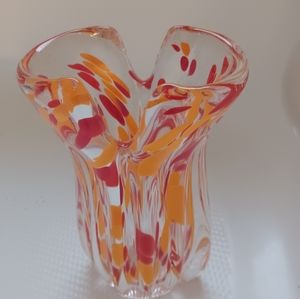 Murano Style Confetti Glass Vase Orange and Red 9 in TALL